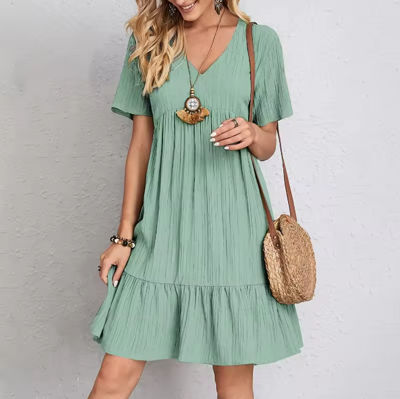 Women's loose-fitting V-neck midi dress